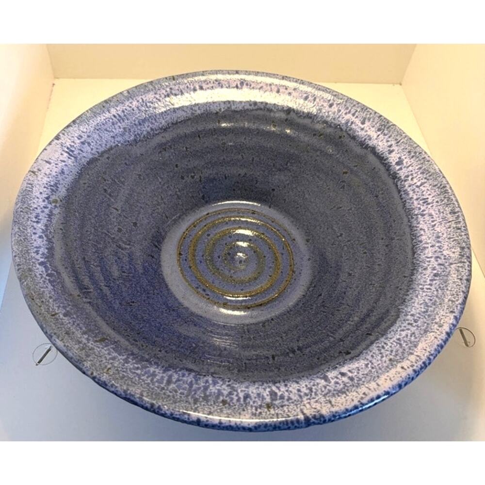 Stoneware Pottery Serving Bowl Purple/Blue Handles Unsigned